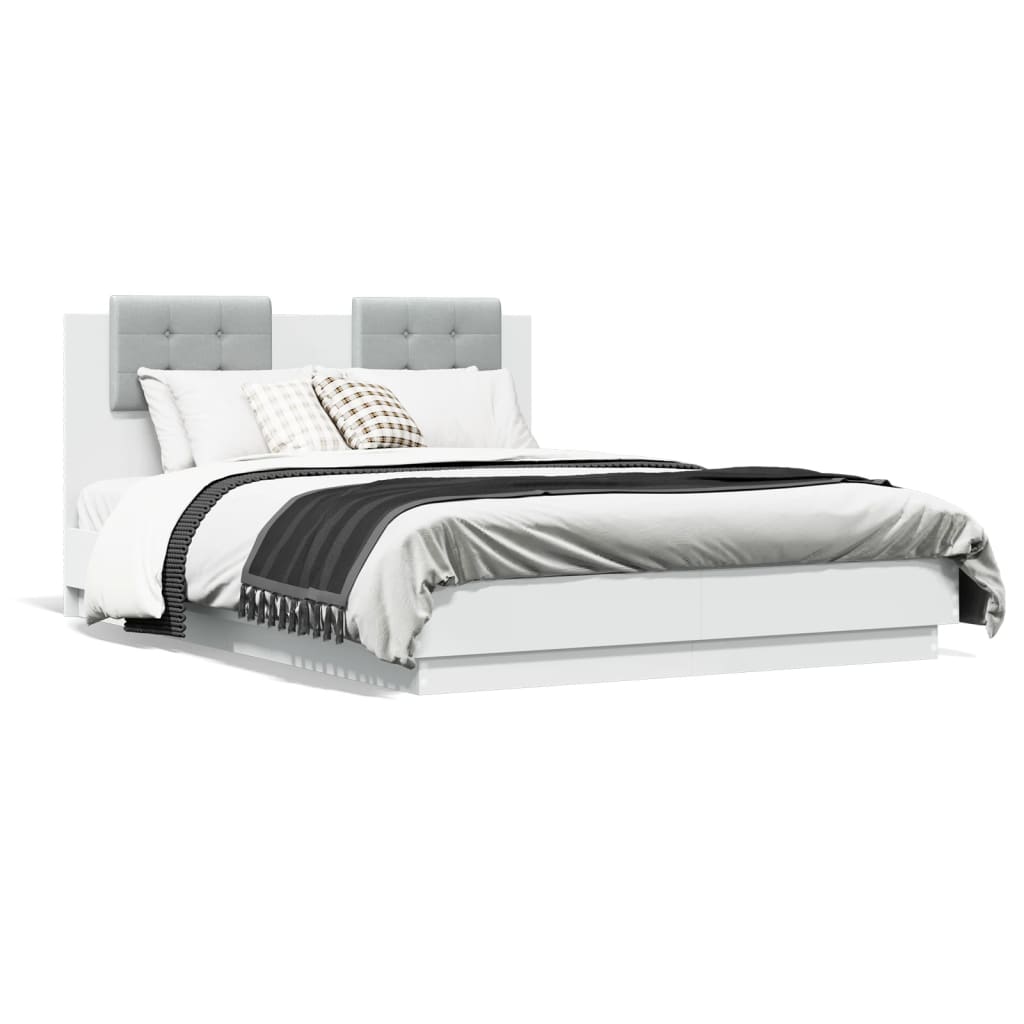 vidaXL Cadru de pat cu tăblie și lumini LED, alb, 135x190 cm vidaXL Cadru de pat cu tăblie și lumini LED, alb, 135x190 cm