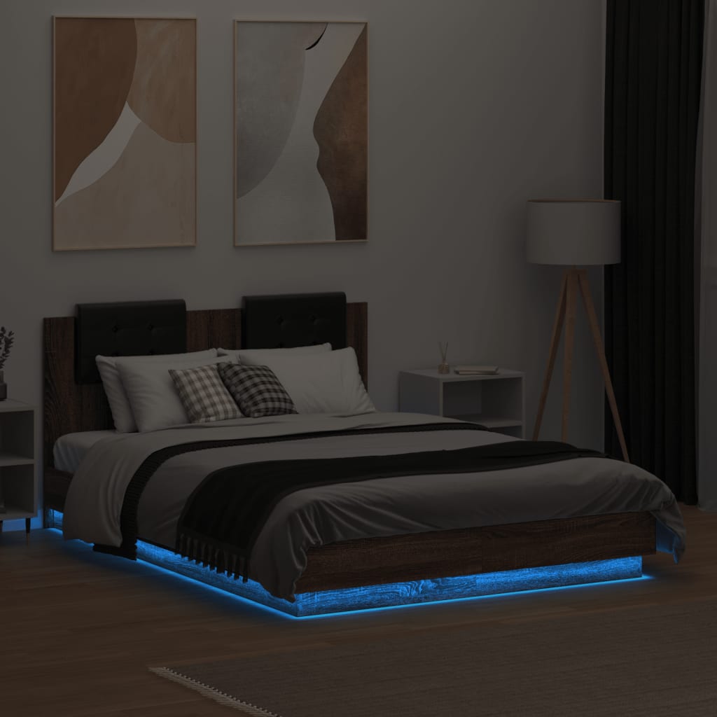 vidaXL Cadru de pat cu tăblie și lumini LED, stejar maro, 135x190 cm