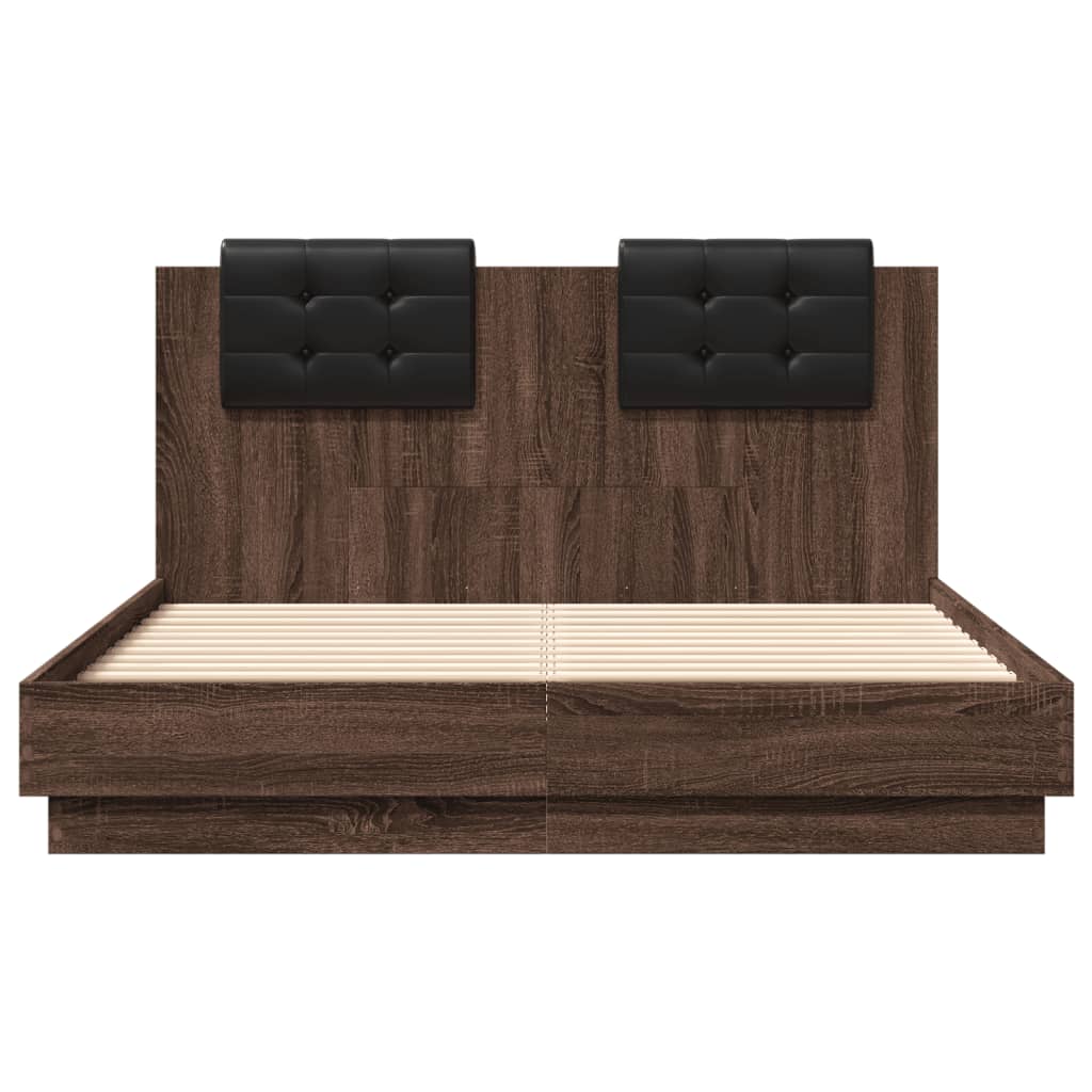 vidaXL Cadru de pat cu tăblie și lumini LED, stejar maro, 135x190 cm