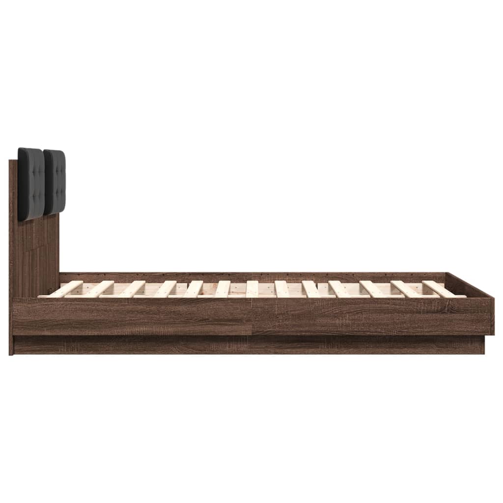 vidaXL Cadru de pat cu tăblie și lumini LED, stejar maro, 135x190 cm