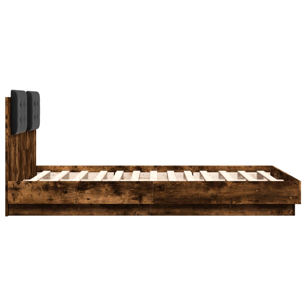 vidaXL Cadru de pat cu tăblie și lumini LED, stejar fumuriu, 120x190cm vidaXL Cadru de pat cu tăblie și lumini LED, stejar fumuriu, 120x190cm
