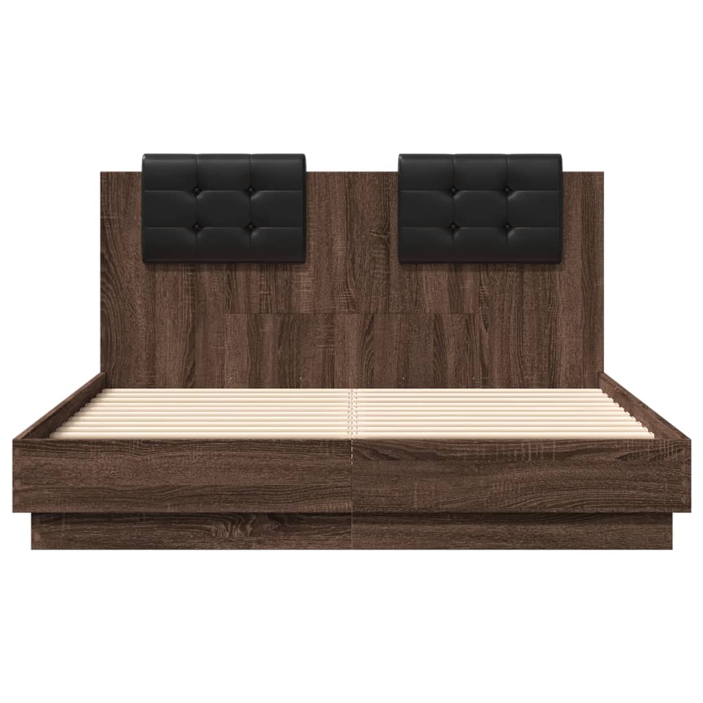 vidaXL Cadru de pat cu tăblie și lumini LED, stejar maro, 120x190 cm