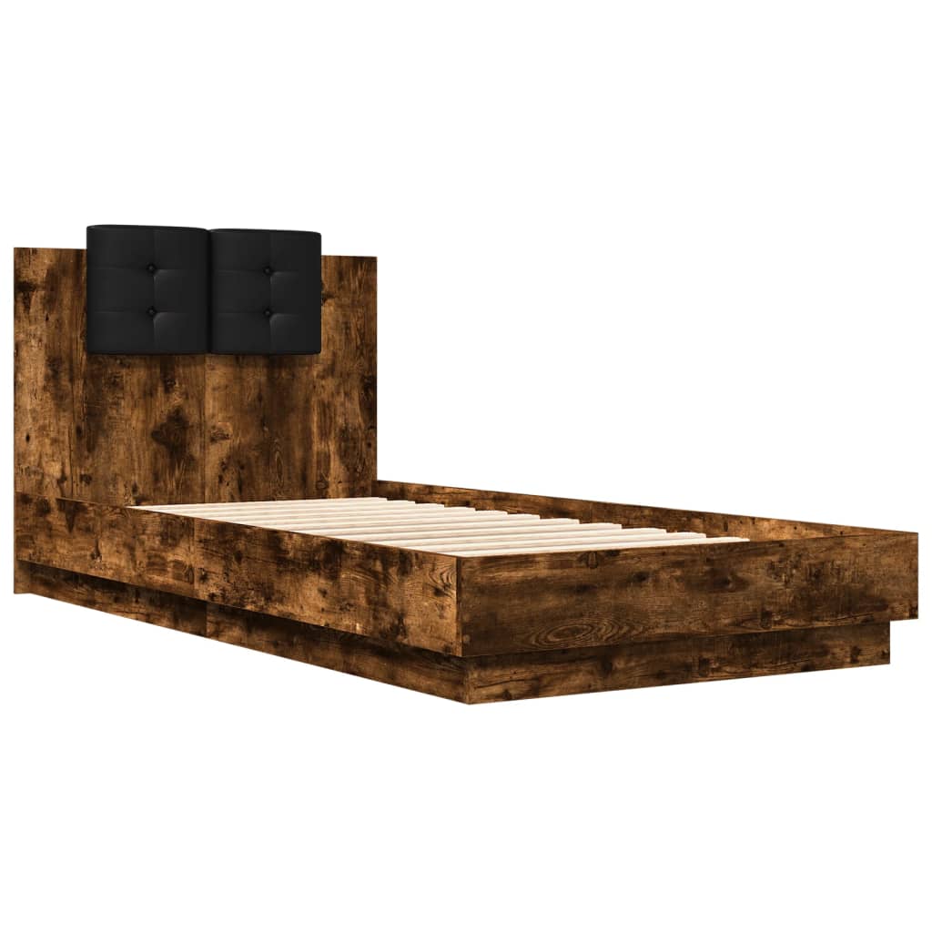 vidaXL Cadru de pat cu tăblie și lumini LED, stejar fumuriu, 90x190 cm