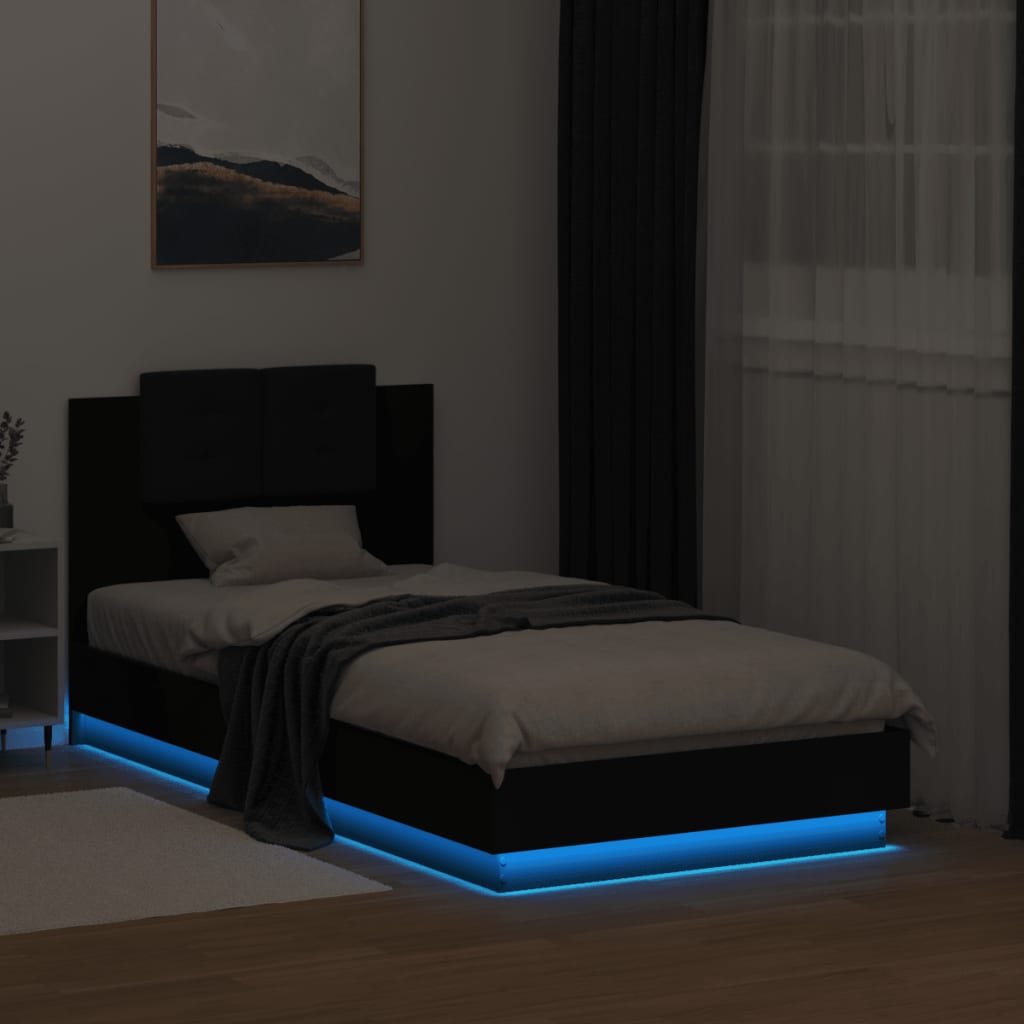 vidaXL Cadru de pat cu tăblie și lumini LED, negru, 75x190 cm
