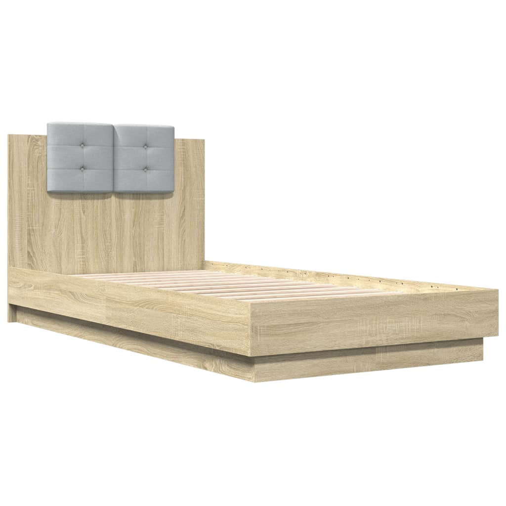 vidaXL Cadru de pat cu tăblie și lumini LED, stejar sonoma, 75x190 cm