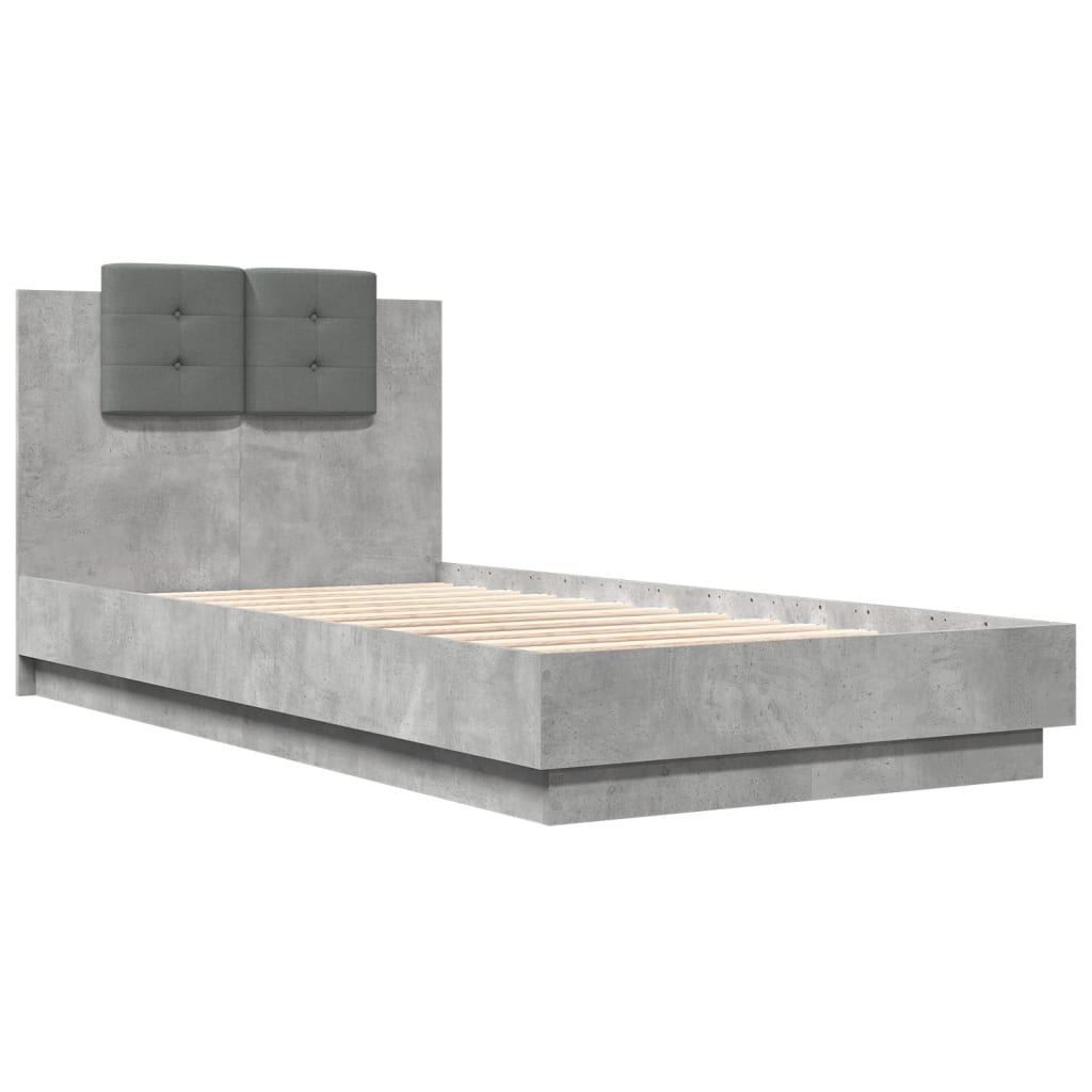 vidaXL Cadru de pat cu tăblie și lumini LED, gri beton, 75x190 cm