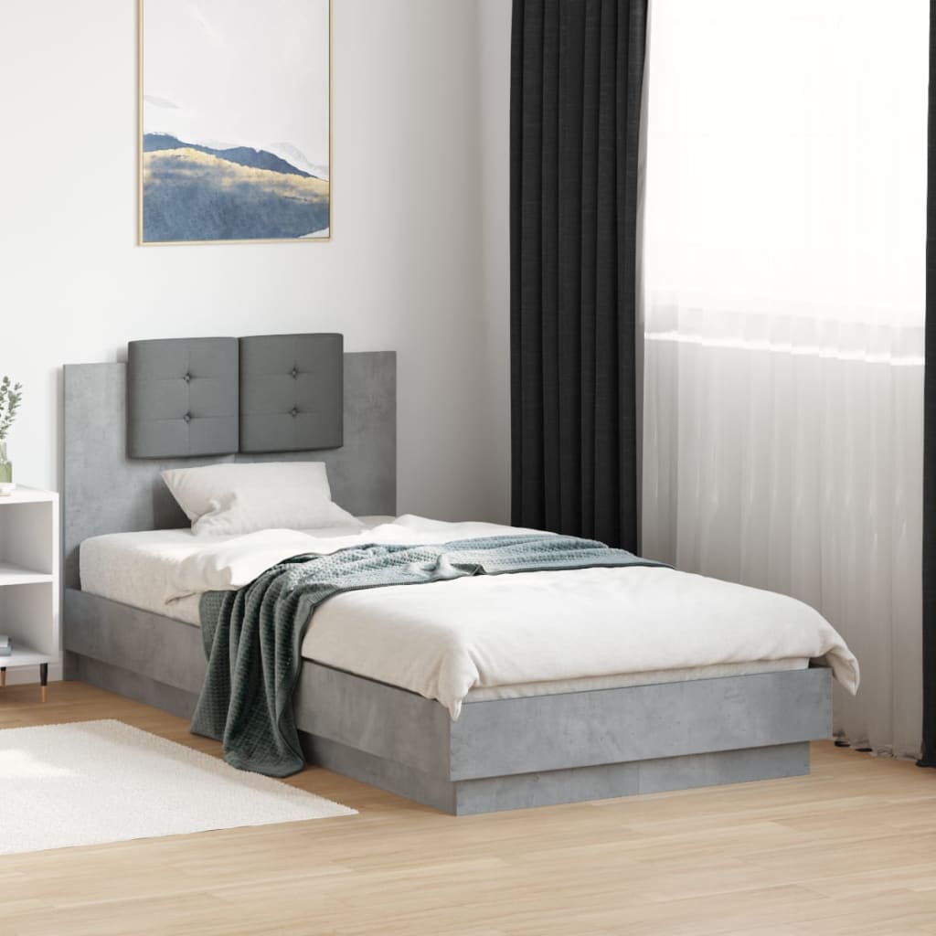 vidaXL Cadru de pat cu tăblie și lumini LED, gri beton, 75x190 cm
