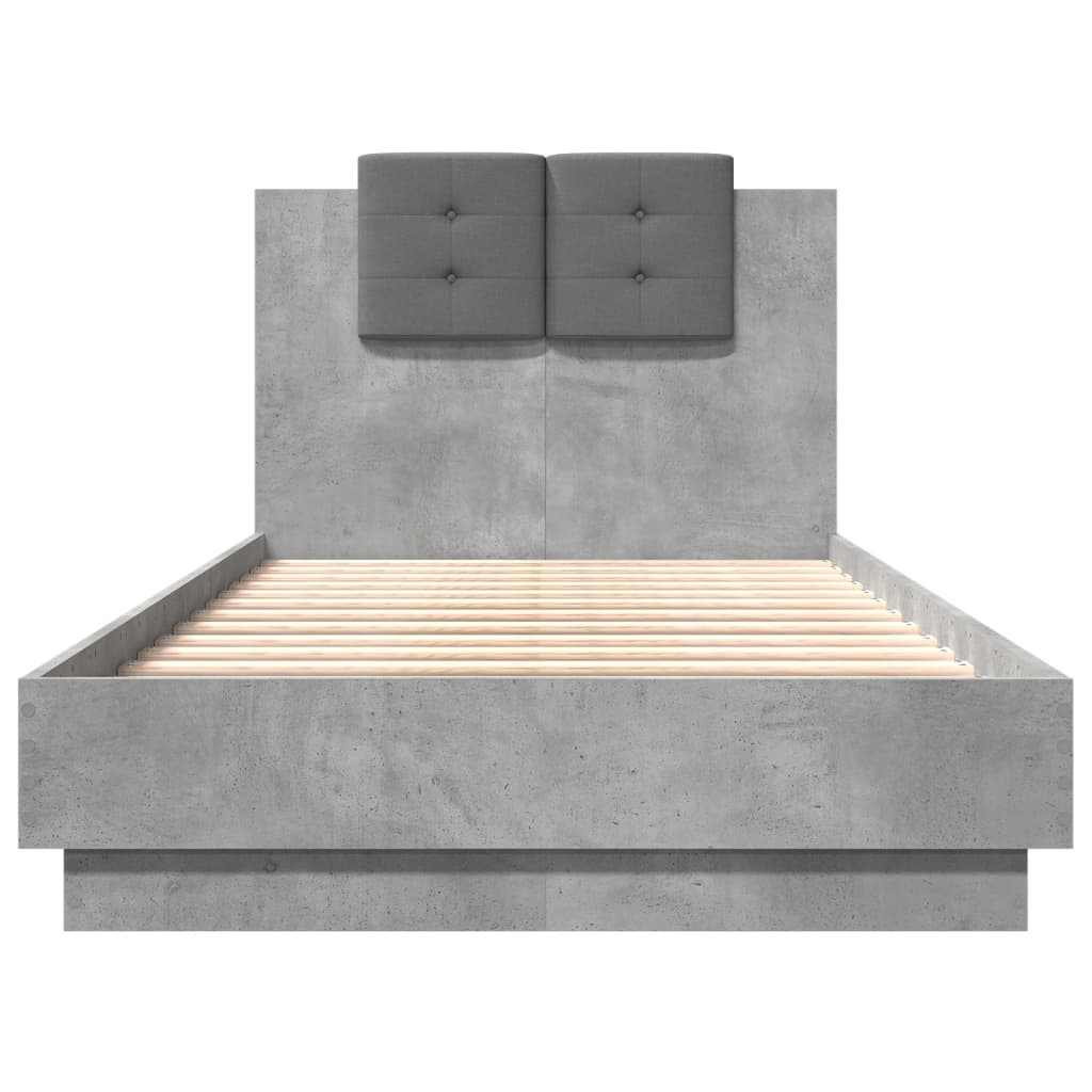 vidaXL Cadru de pat cu tăblie și lumini LED, gri beton, 75x190 cm