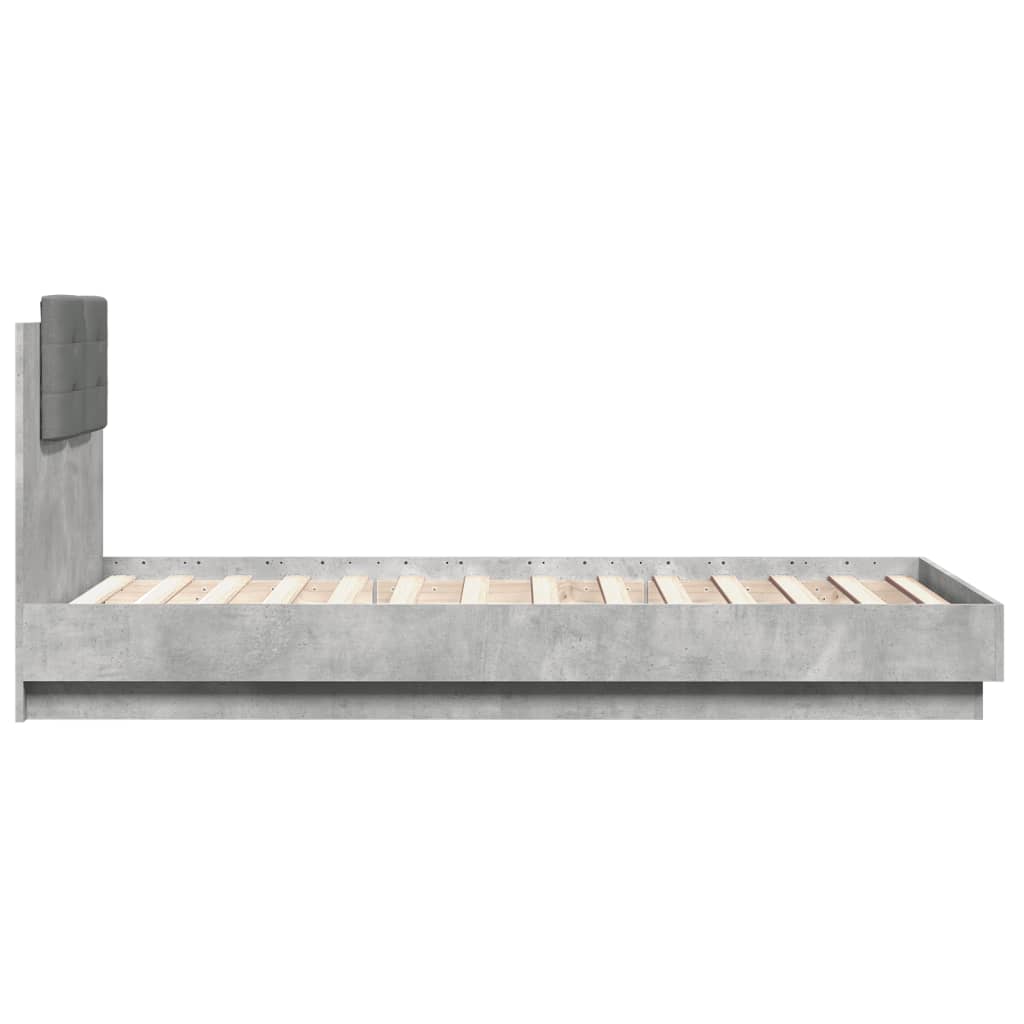 vidaXL Cadru de pat cu tăblie și lumini LED, gri beton, 75x190 cm