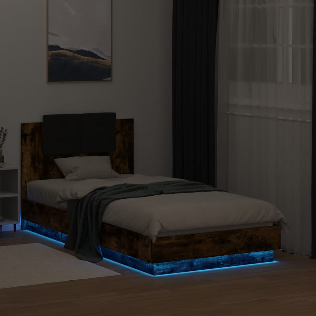 vidaXL Cadru de pat cu tăblie și lumini LED, stejar fumuriu, 75x190 cm