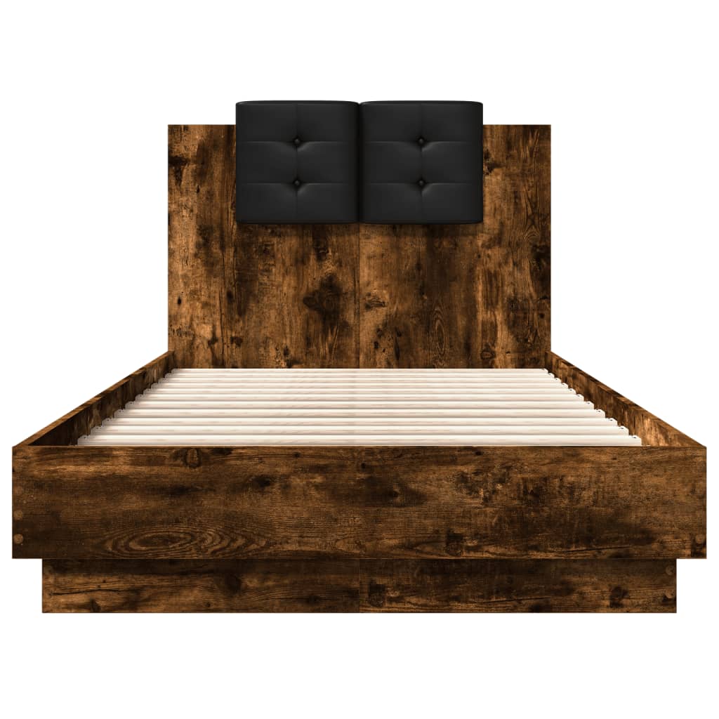 vidaXL Cadru de pat cu tăblie și lumini LED, stejar fumuriu, 75x190 cm