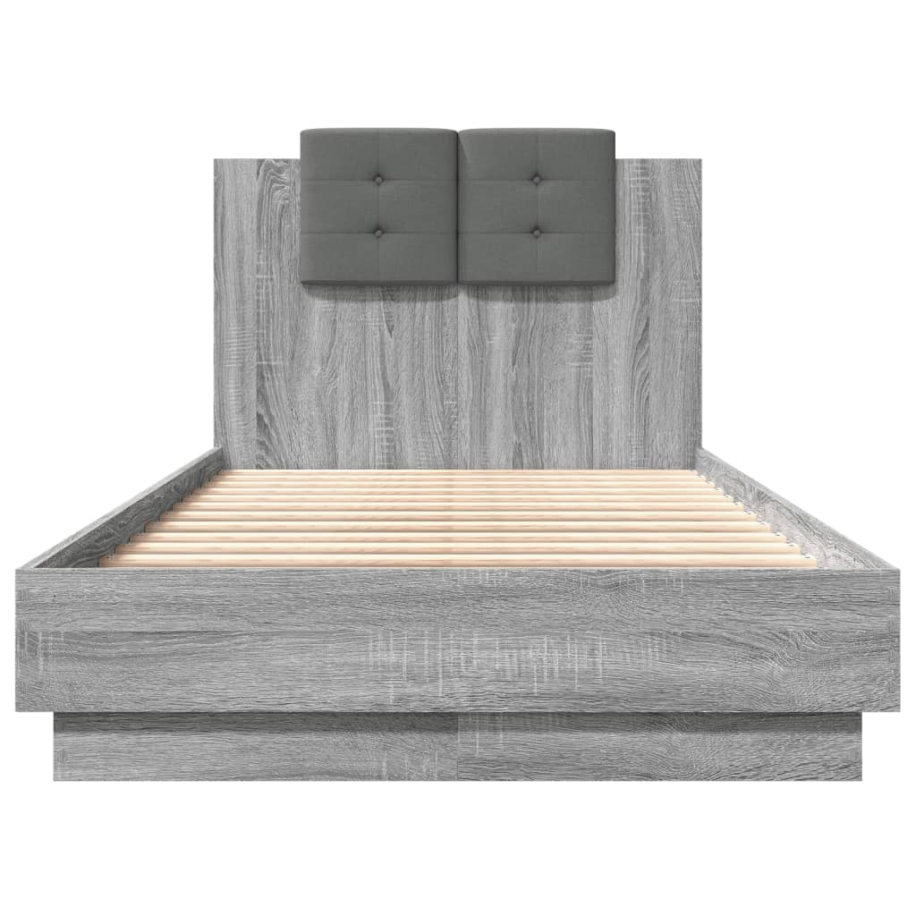 vidaXL Cadru de pat cu tăblie și lumini LED, gri sonoma, 75x190 cm