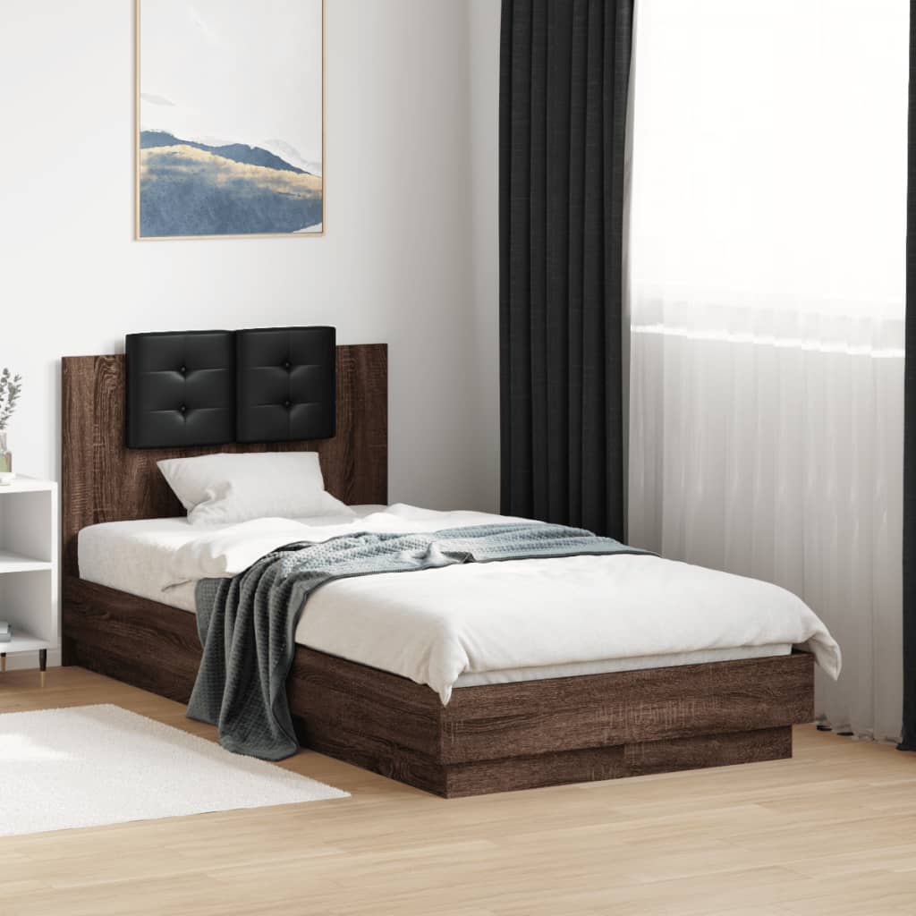 vidaXL Cadru de pat cu tăblie și lumini LED, stejar maro, 75x190 cm