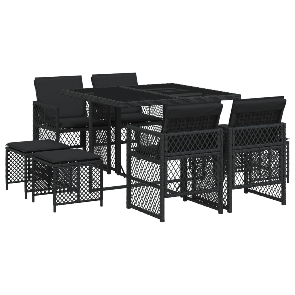 vidaXL Set mobilier de grădină cu perne, 9 piese, negru, poliratan
