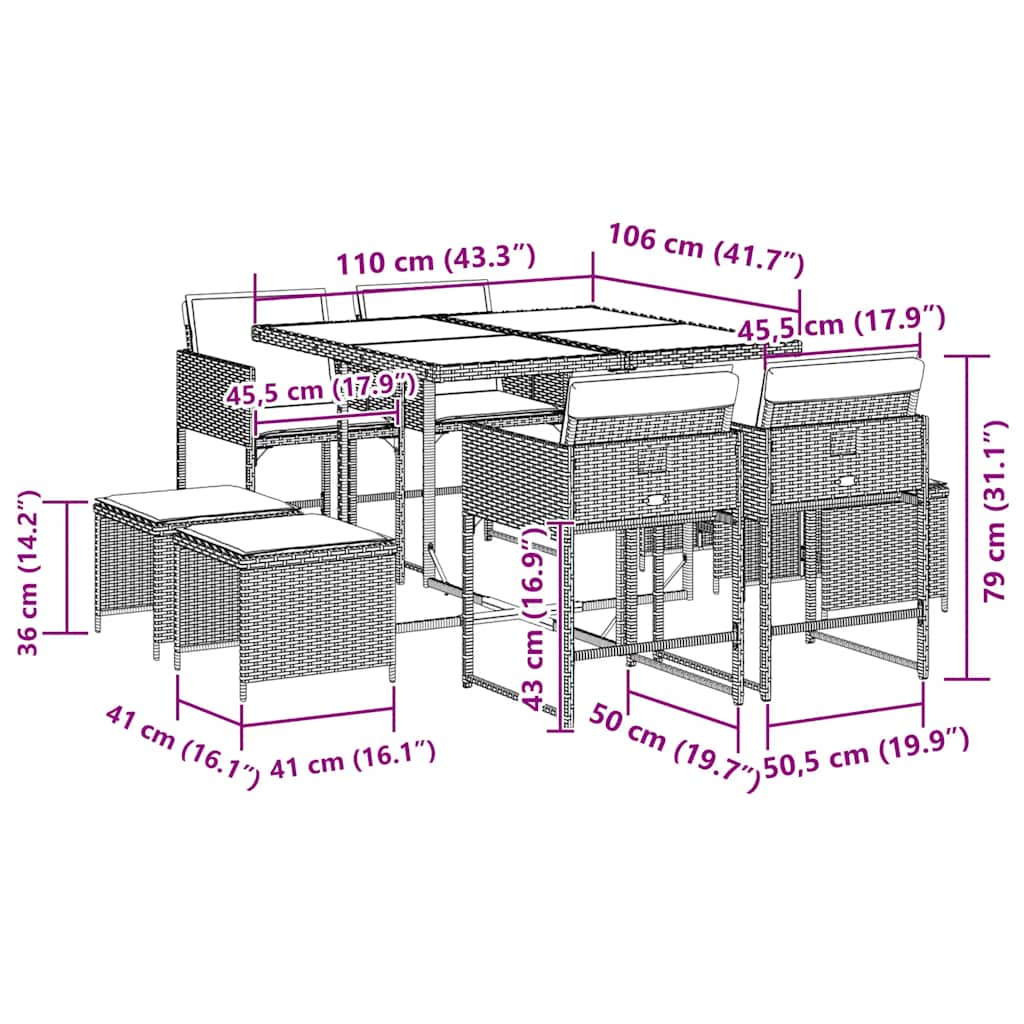vidaXL Set mobilier grădină cu perne, 9 piese, gri, poliratan