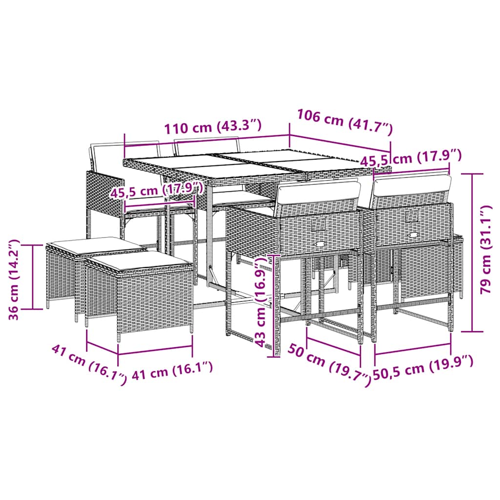 vidaXL Set mobilier grădină cu perne, 9 piese, gri, poliratan