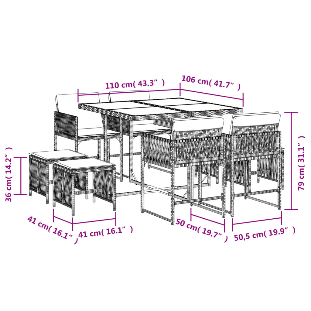 vidaXL Set mobilier de grădină cu perne, 9 piese, negru, poliratan