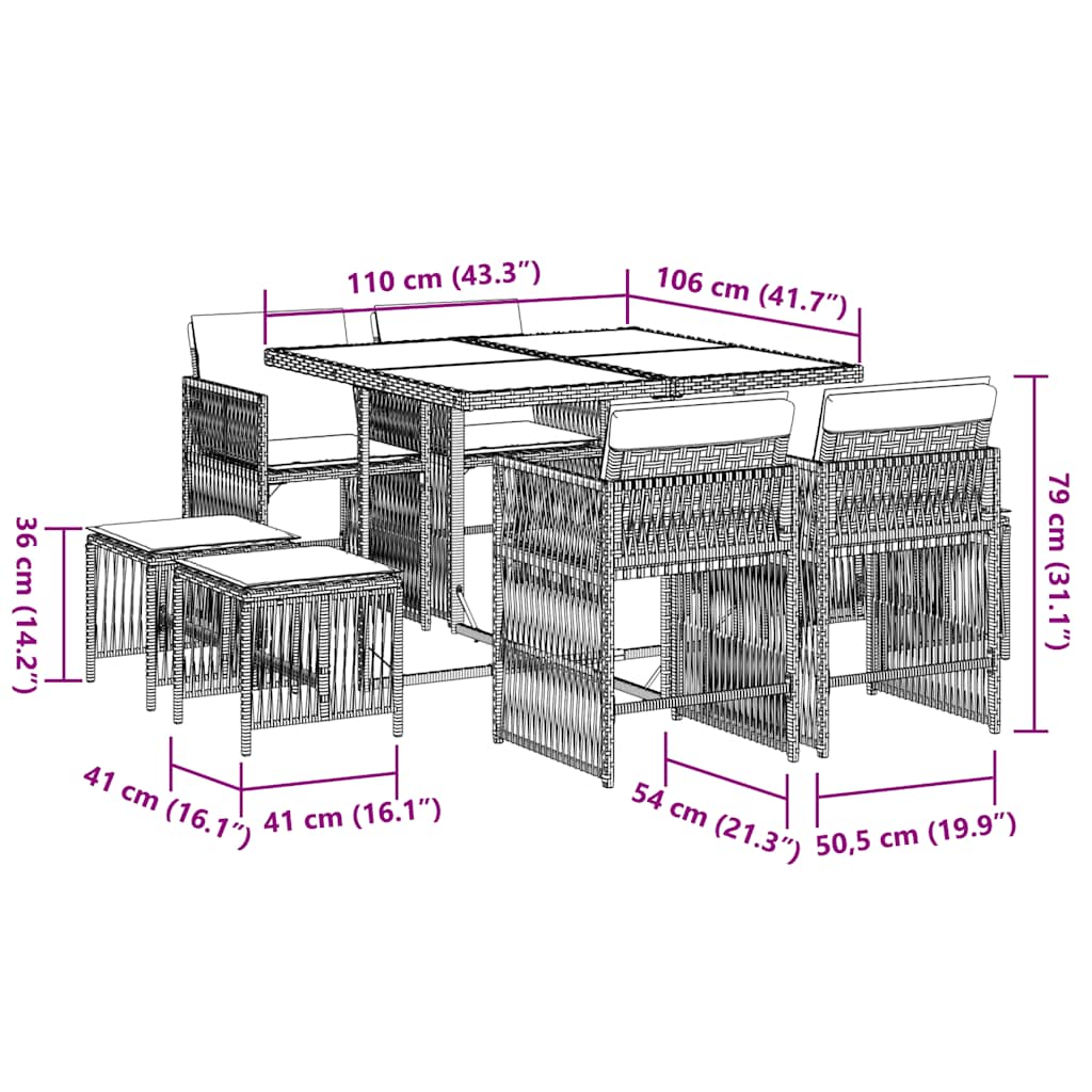 vidaXL Set mobilier grădină cu perne, 9 piese, gri, poliratan