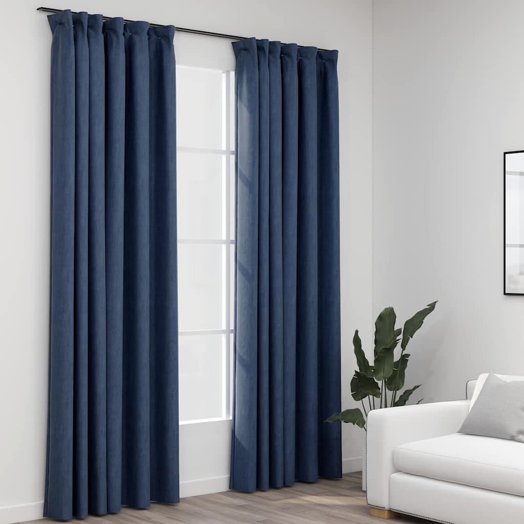 vidaXL Draperii opace aspect in, cârlige, 2 buc., albastru, 140x245 cm vidaXL Draperii opace aspect in, cârlige, 2 buc., albastru, 140x245 cm
