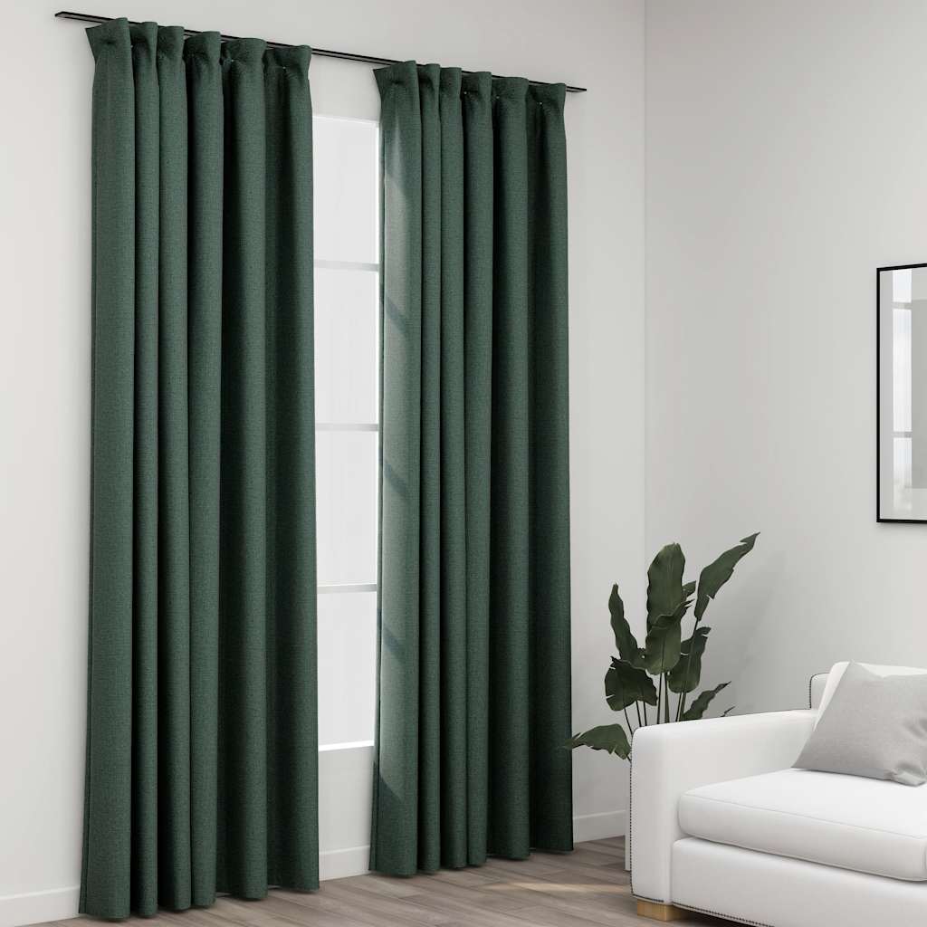 vidaXL Perdele opace aspect pânză, cârlige, 2 buc. verde, 140x225 cm vidaXL Perdele opace aspect pânză, cârlige, 2 buc. verde, 140x225 cm