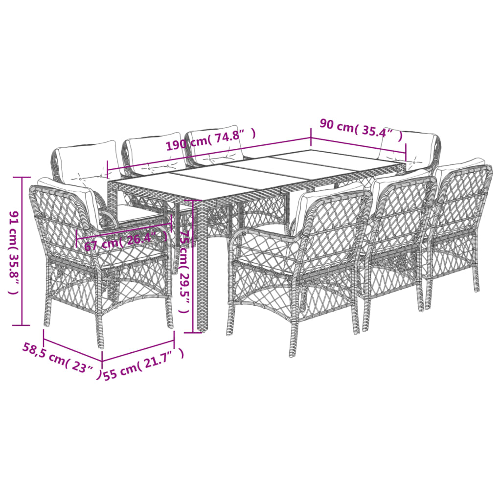 vidaXL Set mobilier de grădină cu perne, 9 piese, negru, poliratan
