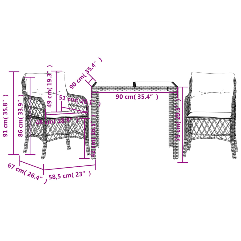 vidaXL Set bistro de grădină cu perne, 3 piese, gri, poliratan vidaXL Set bistro de grădină cu perne, 3 piese, gri, poliratan
