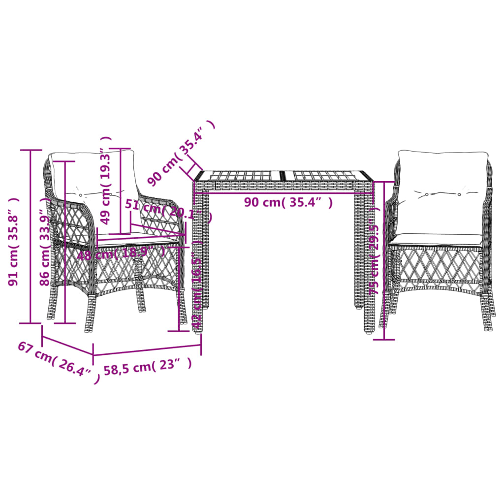 vidaXL Set bistro cu perne, 3 piese, negru, poliratan