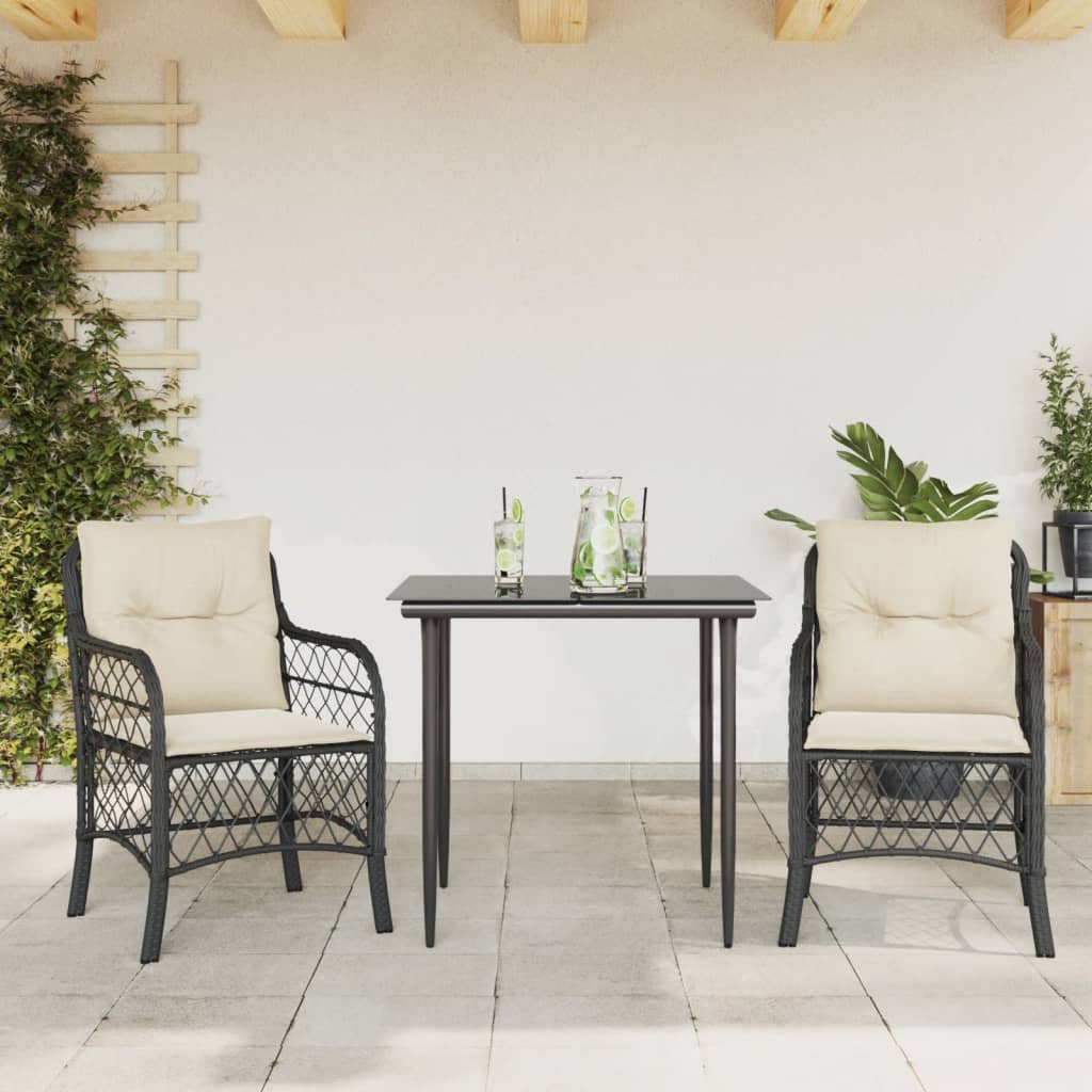 vidaXL Set bistro cu perne, 3 piese, negru, poliratan