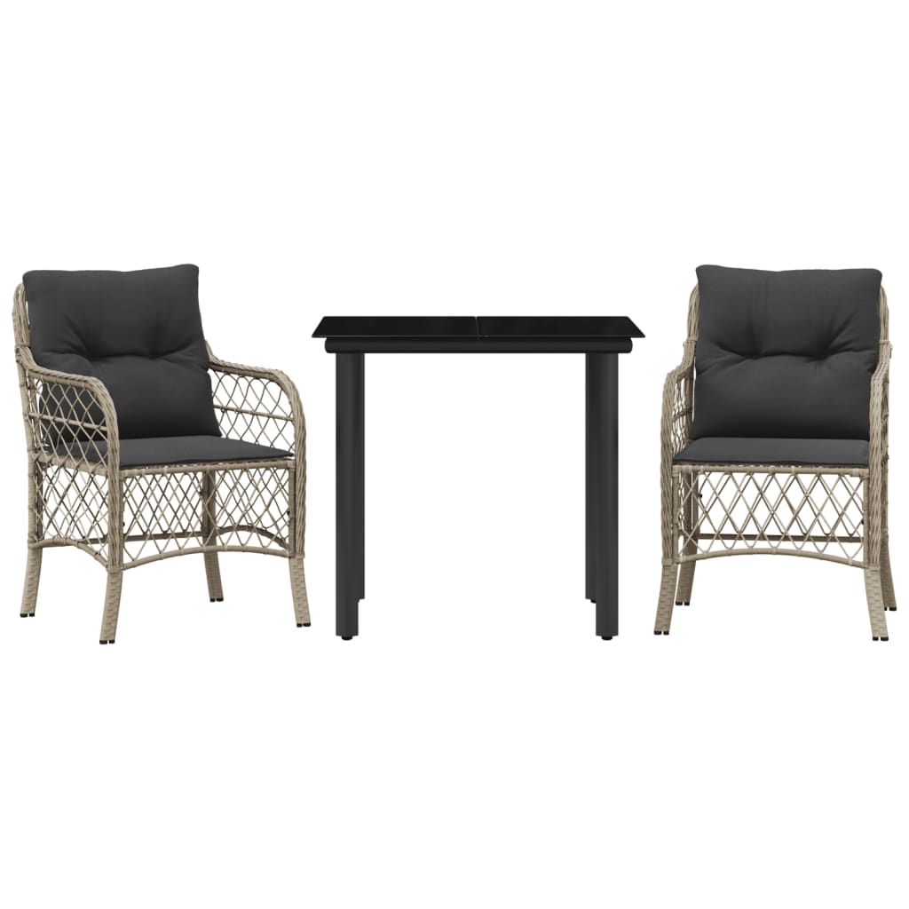 vidaXL Set bistro cu perne, 3 piese, gri deschis, poliratan