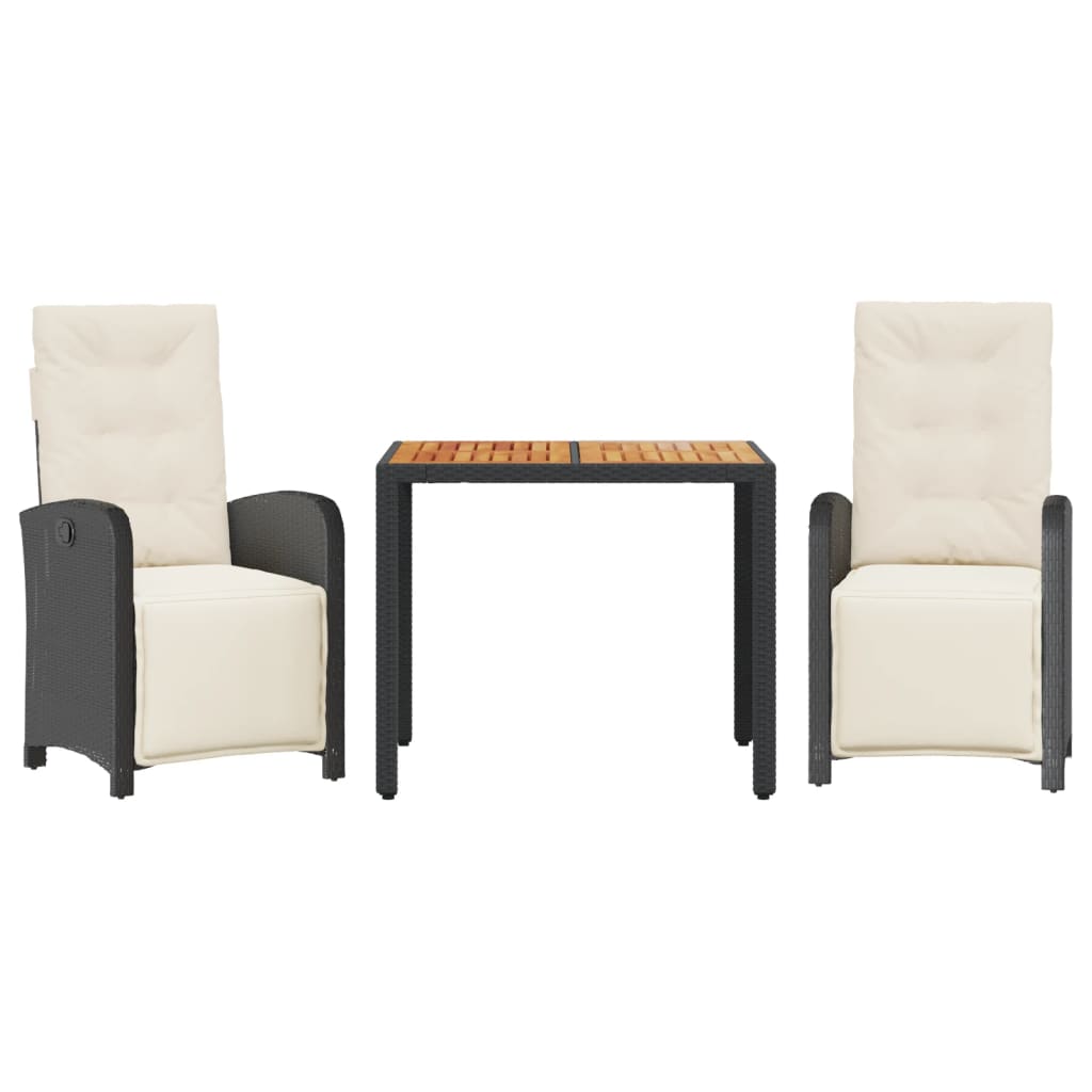 vidaXL Set bistro cu perne, 3 piese, negru, poliratan
