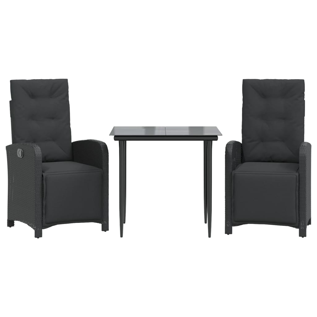 vidaXL Set bistro cu perne, 3 piese, negru, poliratan