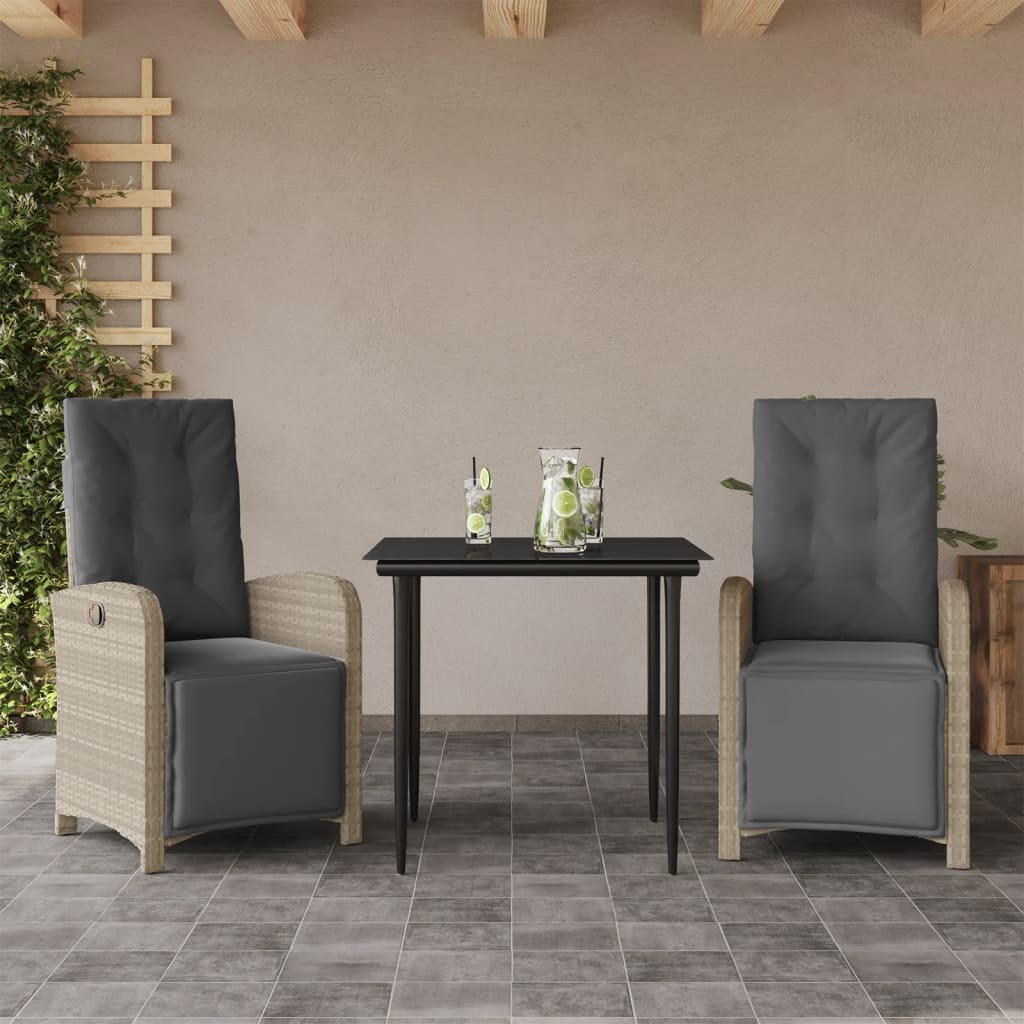 vidaXL Set bistro cu perne, 3 piese, gri deschis, poliratan
