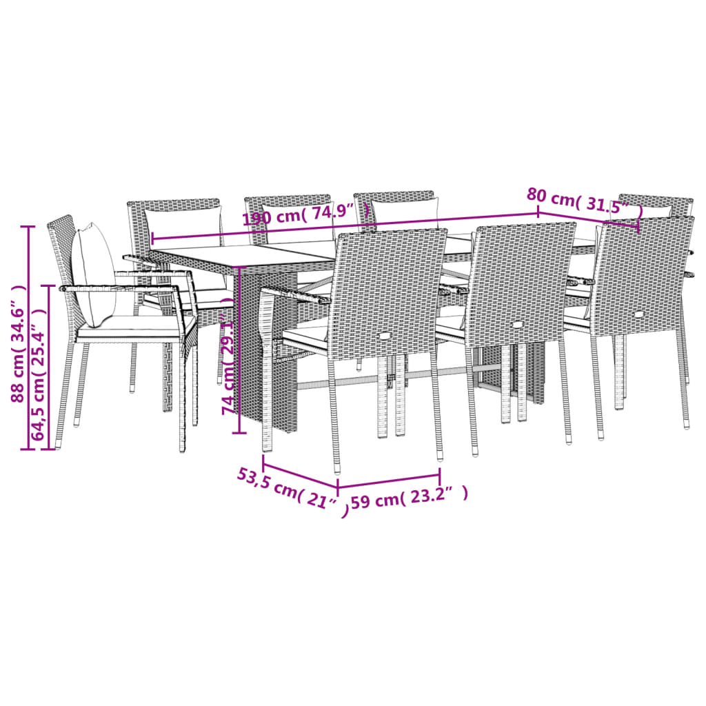 vidaXL Set mobilier grădină cu perne, 9 piese, gri, poliratan vidaXL Set mobilier grădină cu perne, 9 piese, gri, poliratan