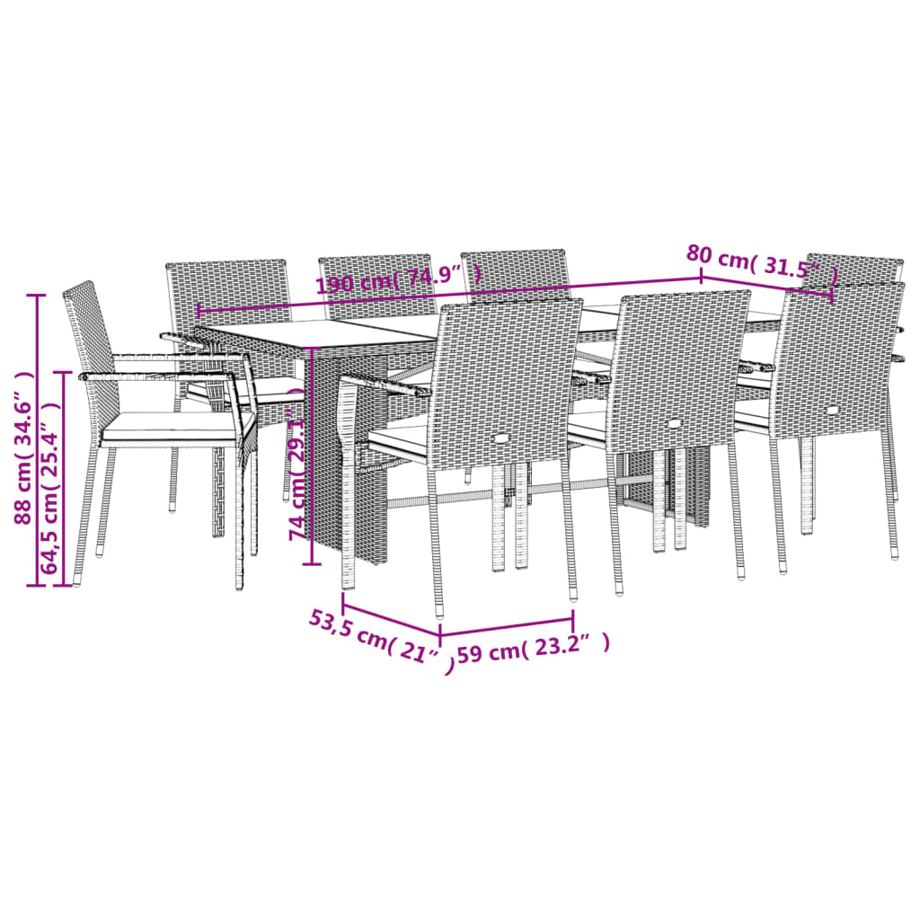 vidaXL Set mobilier de grădină cu perne, 9 piese, negru, poliratan