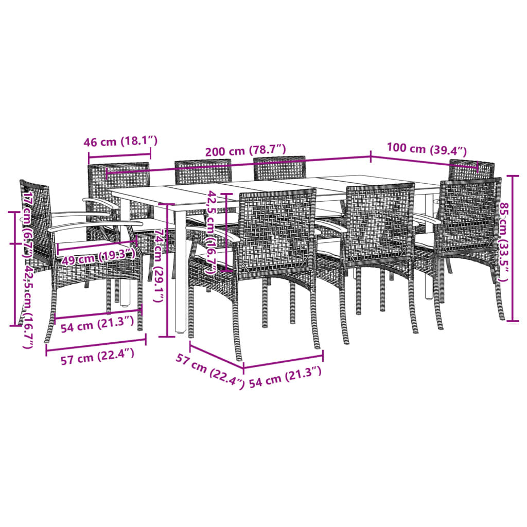 vidaXL Set mobilier de grădină cu perne, 9 piese, negru, poliratan