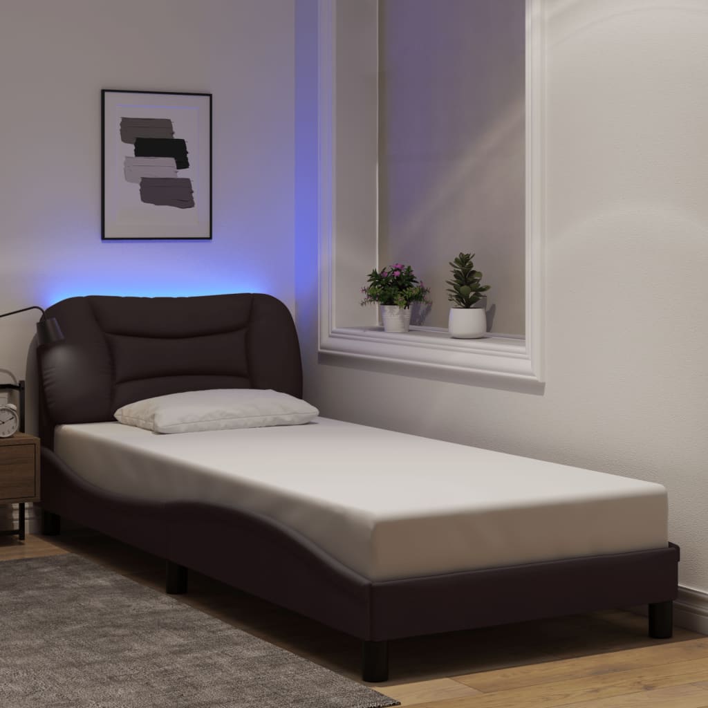 vidaXL Cadru de pat cu lumini LED, maro închis, 90x190 cm, textil vidaXL Cadru de pat cu lumini LED, maro închis, 90x190 cm, textil