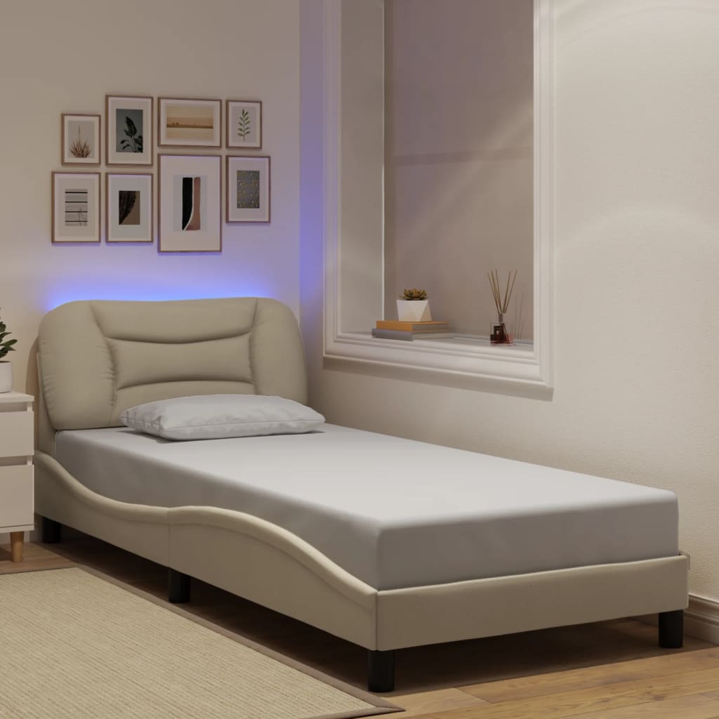 vidaXL Cadru de pat cu lumini LED, crem, 90x190 cm, textil vidaXL Cadru de pat cu lumini LED, crem, 90x190 cm, textil