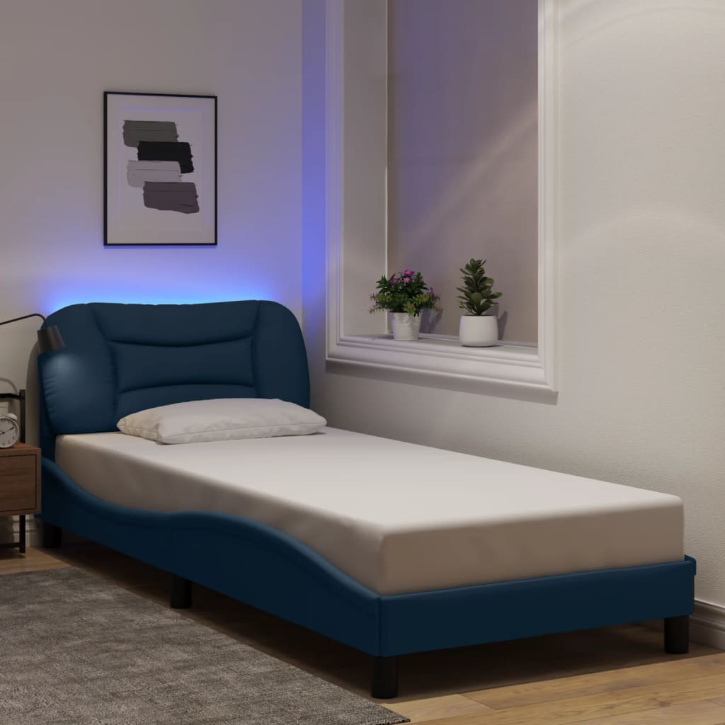 vidaXL Cadru de pat cu lumini LED, albastru, 90x190 cm, textil vidaXL Cadru de pat cu lumini LED, albastru, 90x190 cm, textil