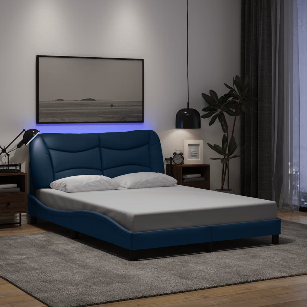 vidaXL Cadru de pat cu LED fără saltea Albastru 140x200 cm țesătură vidaXL Cadru de pat cu LED fără saltea Albastru 140x200 cm țesătură