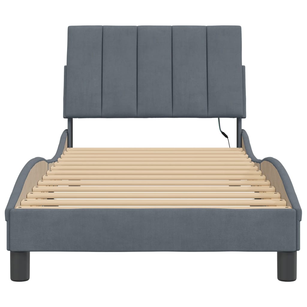 vidaXL Cadru de pat cu lumini LED, gri închis, 90x190 cm, catifea