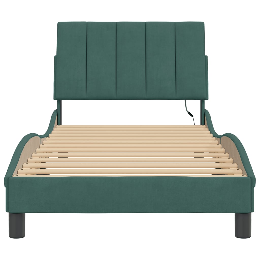 vidaXL Cadru de pat cu lumini LED, verde închis, 90x190 cm, catifea