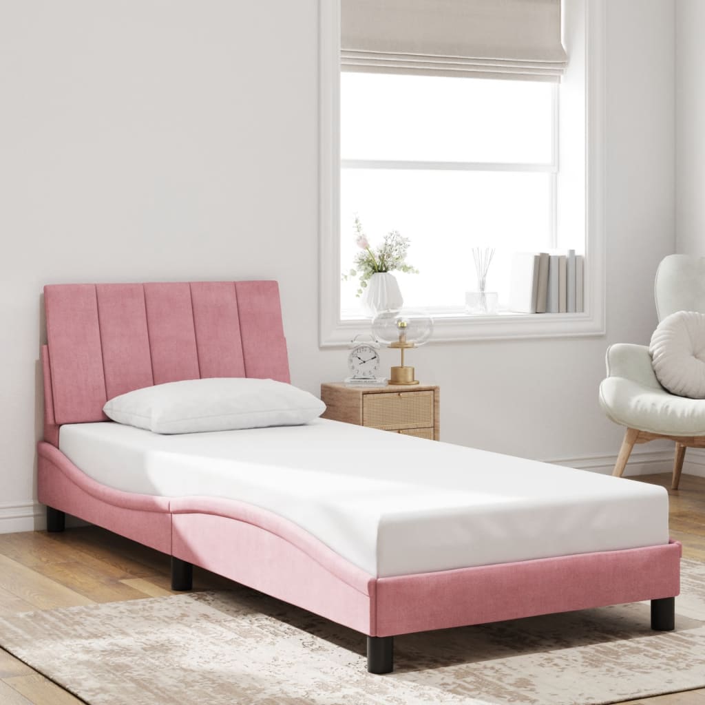 vidaXL Cadru de pat cu lumini LED, roz, 90x190 cm, catifea