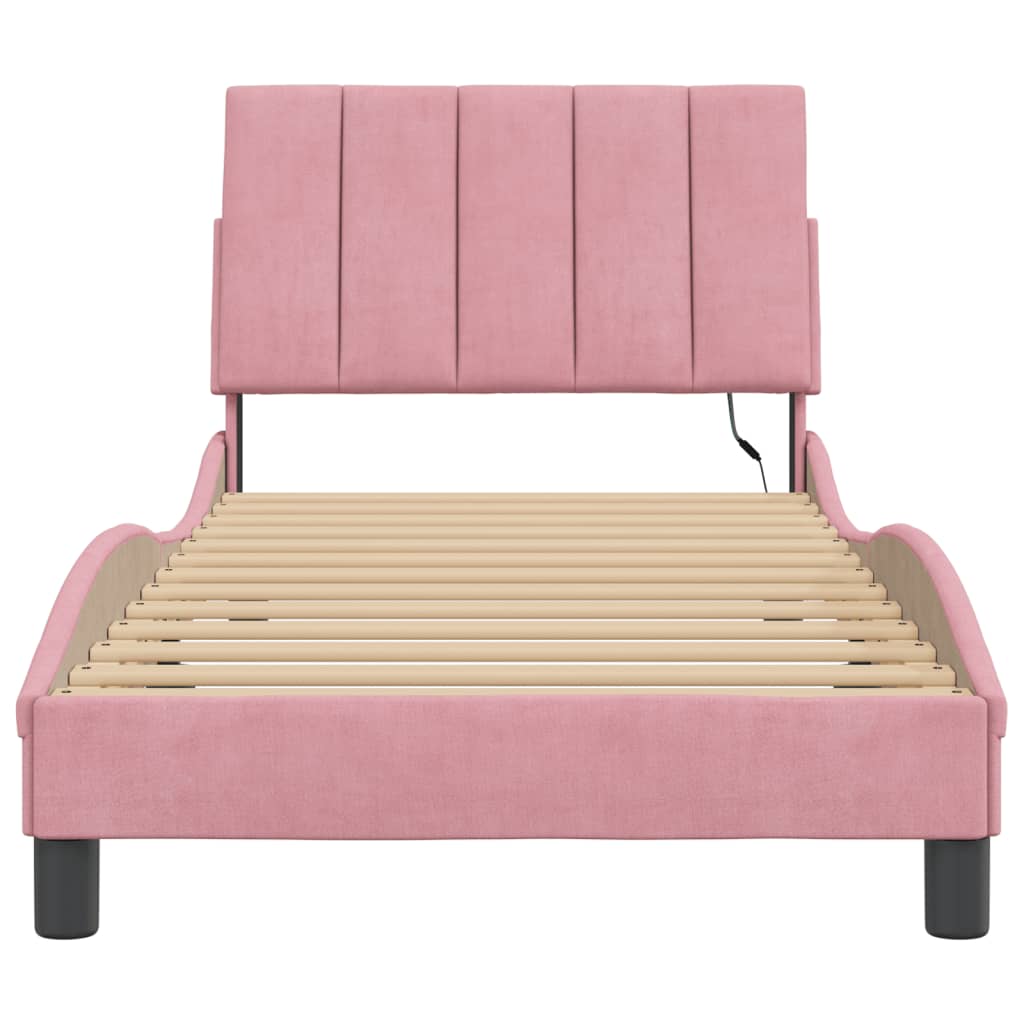 vidaXL Cadru de pat cu lumini LED, roz, 90x190 cm, catifea