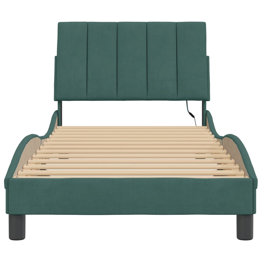 vidaXL Cadru de pat cu lumini LED, verde închis, 90x200 cm, catifea vidaXL Cadru de pat cu lumini LED, verde închis, 90x200 cm, catifea