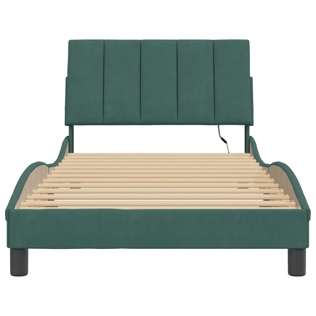 vidaXL Cadru de pat cu lumini LED, verde închis, 100x200 cm, catifea vidaXL Cadru de pat cu lumini LED, verde închis, 100x200 cm, catifea
