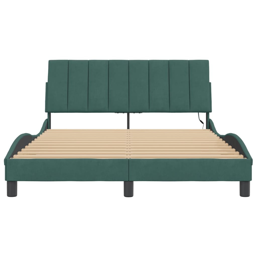 vidaXL Cadru de pat cu lumini LED, verde închis, 140x190 cm, catifea