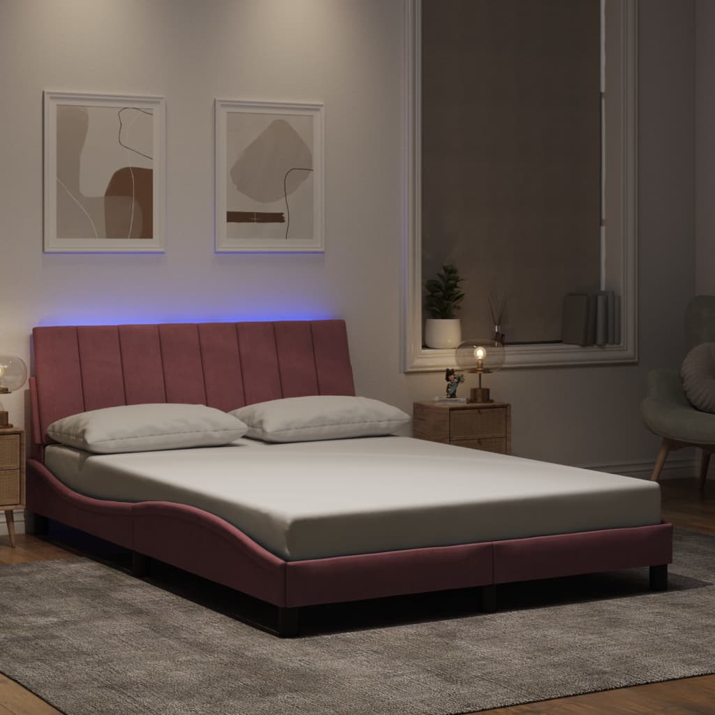 vidaXL Cadru de pat cu lumini LED, roz, 140x190 cm, catifea vidaXL Cadru de pat cu lumini LED, roz, 140x190 cm, catifea