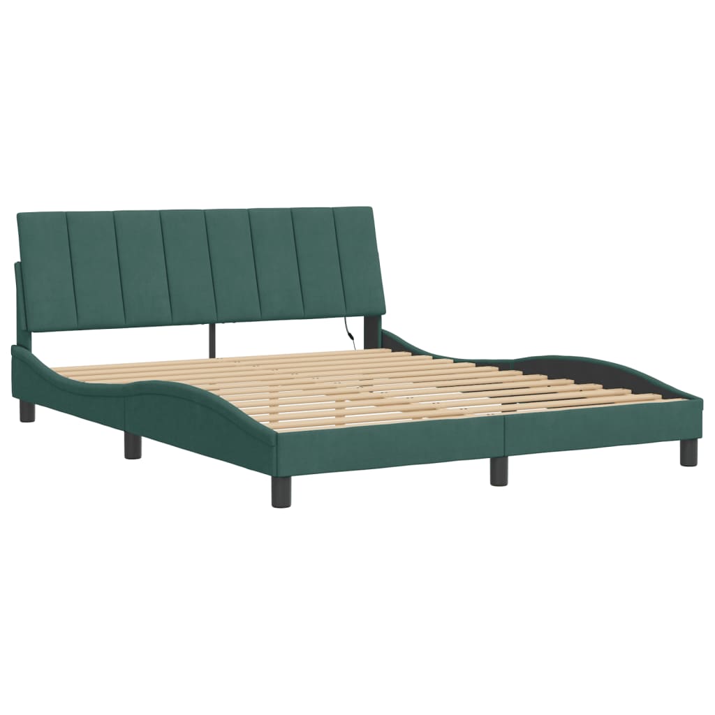 vidaXL Cadru de pat cu lumini LED, verde închis, 160x200 cm, catifea