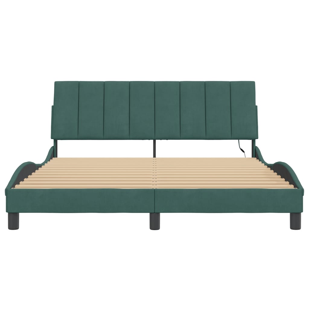 vidaXL Cadru de pat cu lumini LED, verde închis, 160x200 cm, catifea