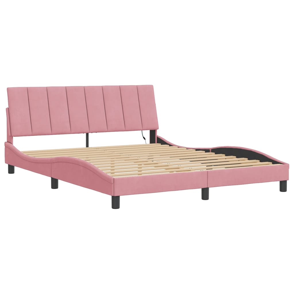 vidaXL Cadru de pat cu lumini LED, roz, 160x200 cm, catifea